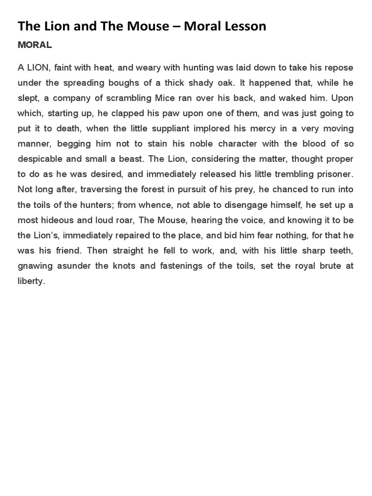 The Lion and The Mouse - Moral Lesson | PDF