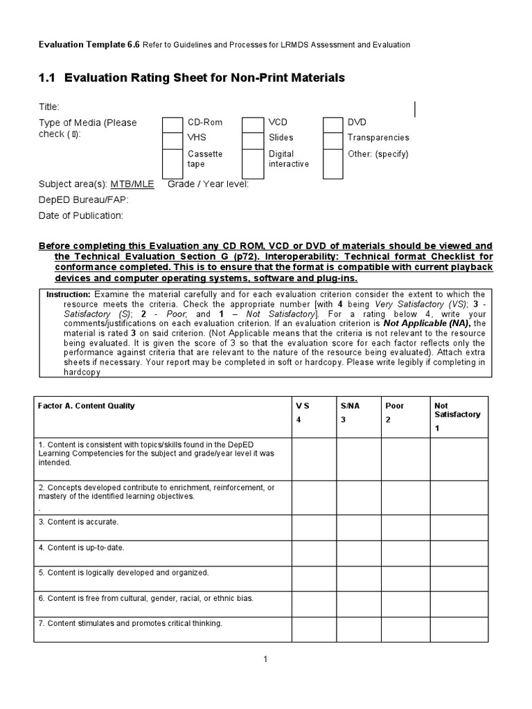 LRMDS Non-Print Material Evaluation Guide | PDF | Evaluation ...