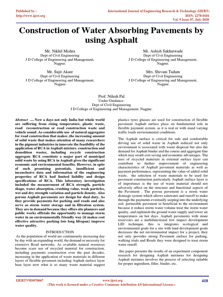 Construction of Water Absorbing Pavements by Using | PDF