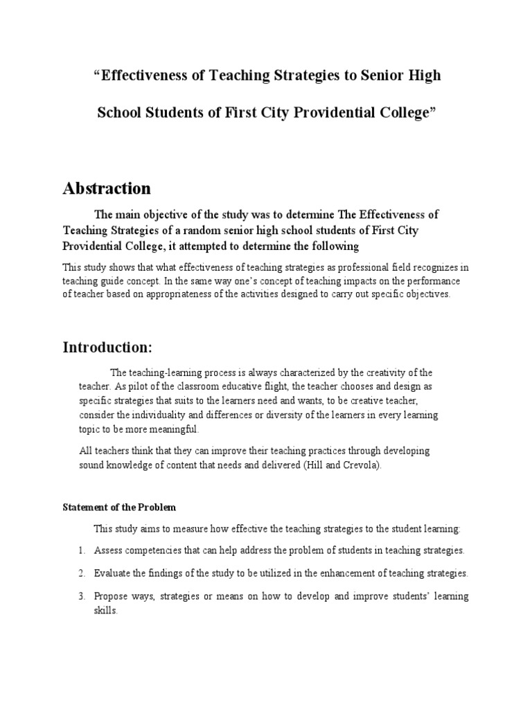 Effectiveness of Teaching Strategies To Senior High School Students of