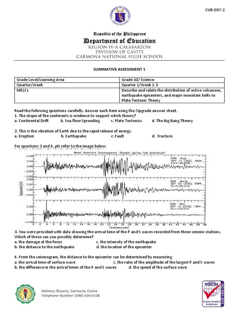 Summative Test Science Earthquake | PDF | Earthquakes | Plate Tectonics