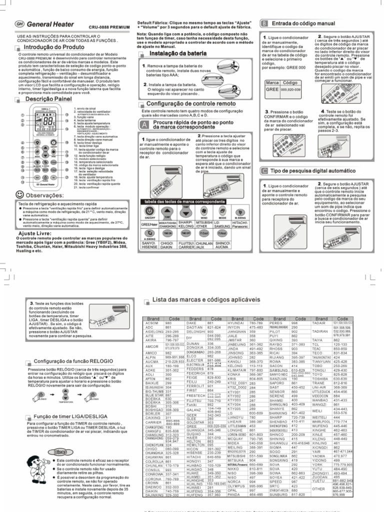 Códigos Controle Universal CRU-0888 | PDF