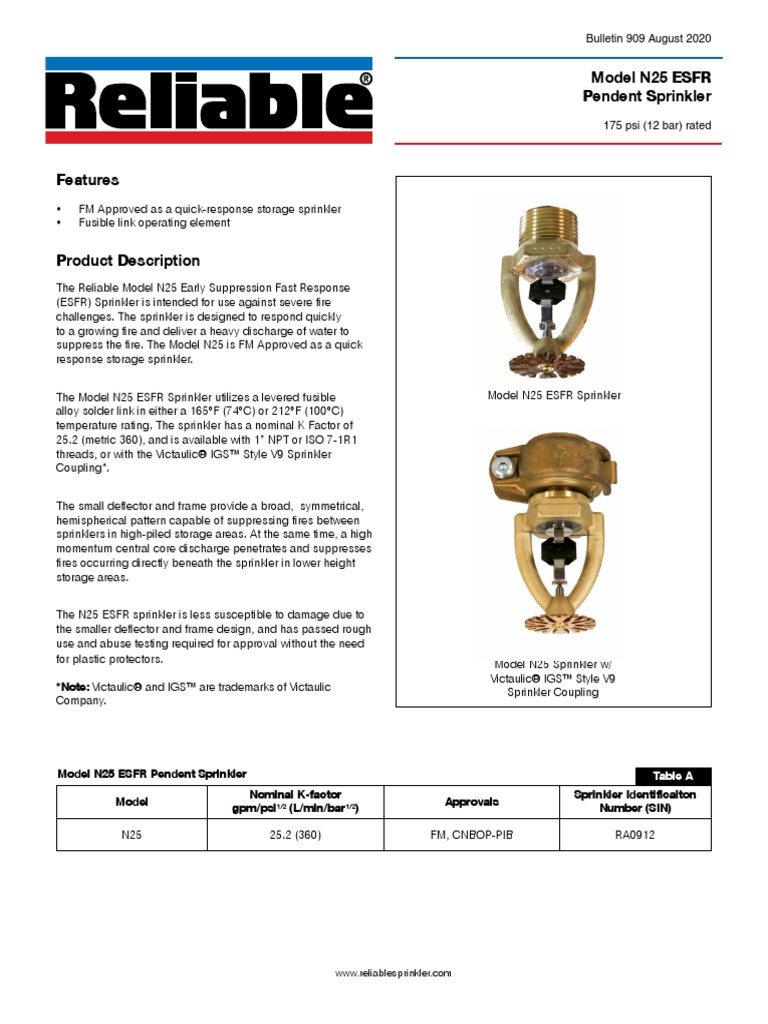 Model N25 ESFR Pendent Sprinkler Note Victaulic® and IGS™ Are