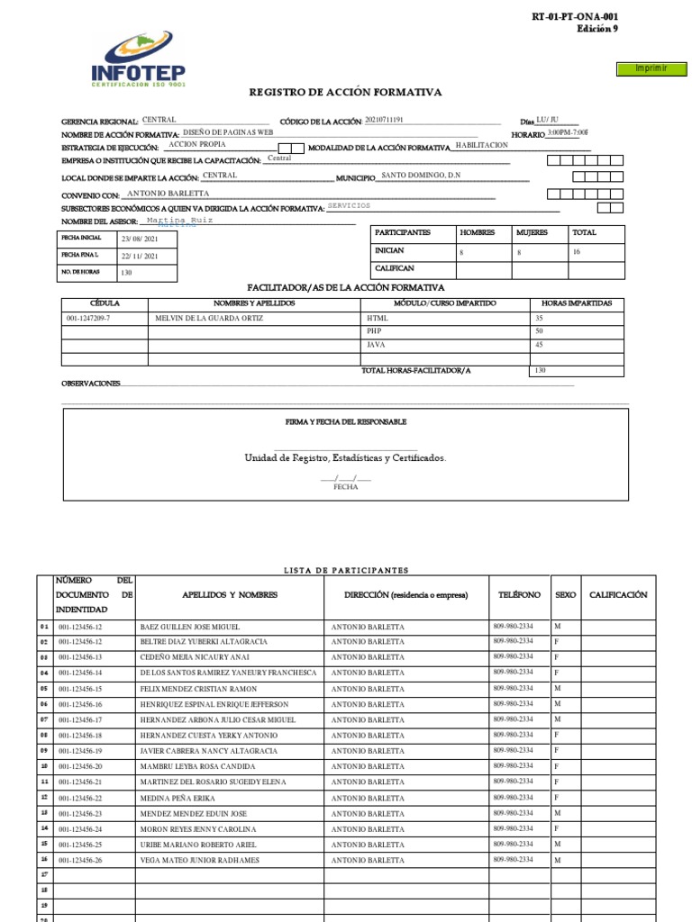 Registro de Acción Formativa Infotep | PDF