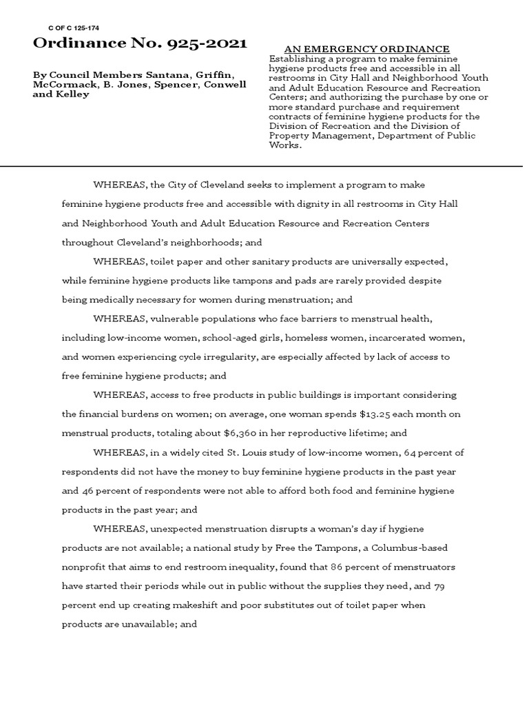 Cleveland City Council Legislation Free Feminine Hygiene Products