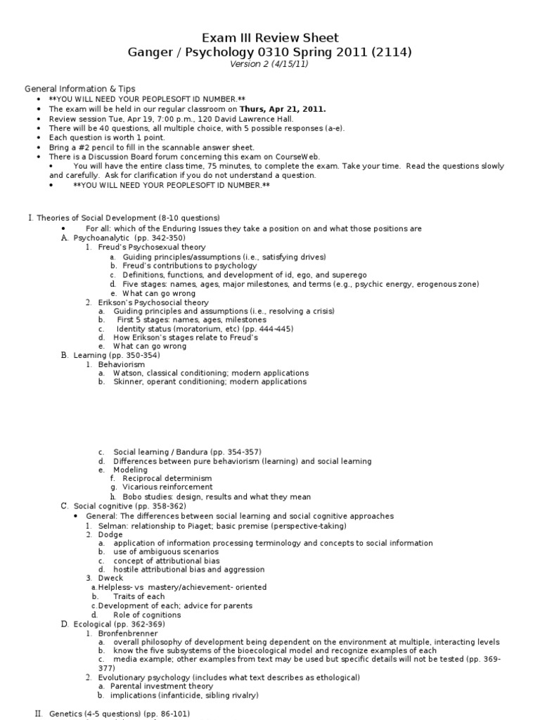 Exam III Review Sheet Ganger / Psychology 0310 Spring 2011 (2114) | PDF ...