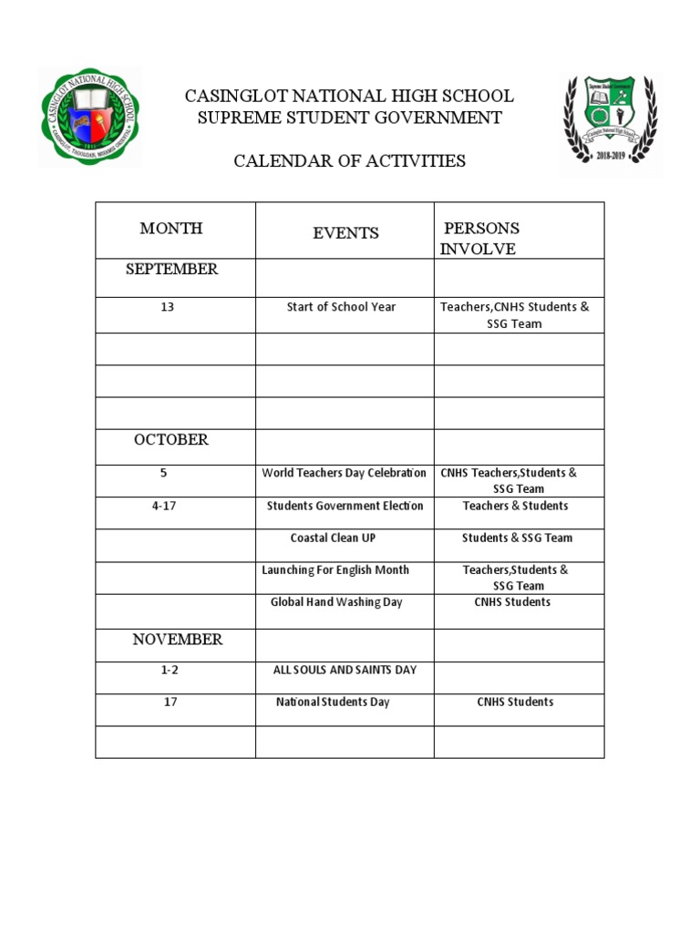 CNHS SSG Calendar of Activities PDF