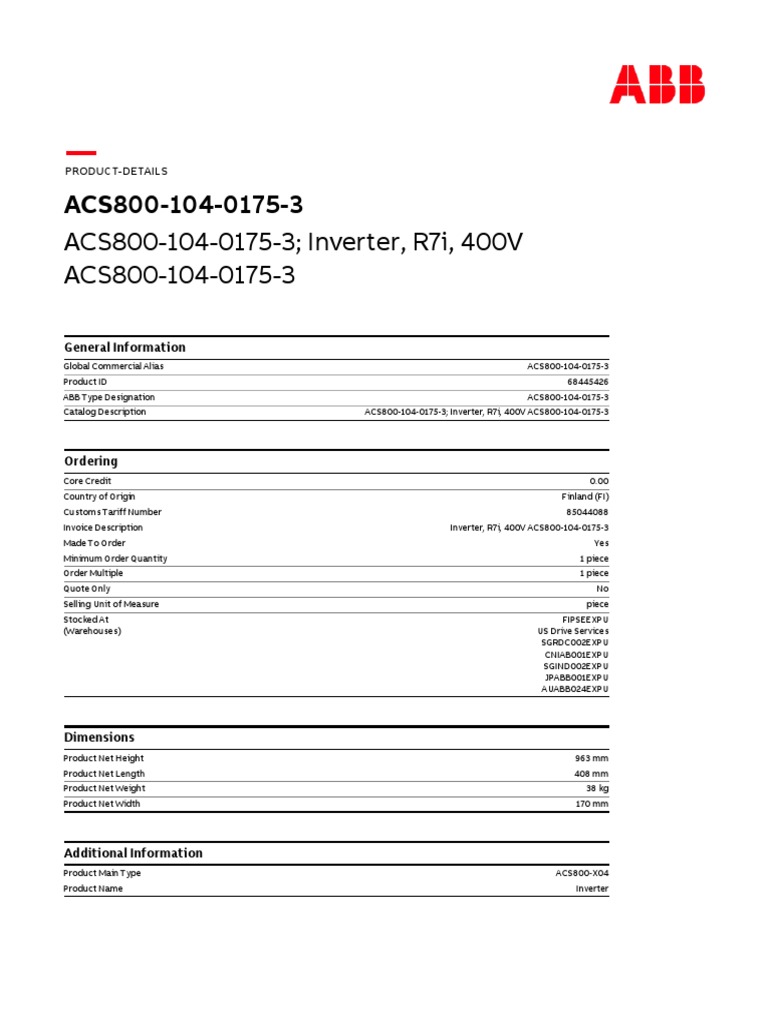 ACS800-104-0175-3 Inverter, R7i, 400V ACS800-104-0175-3: General ...