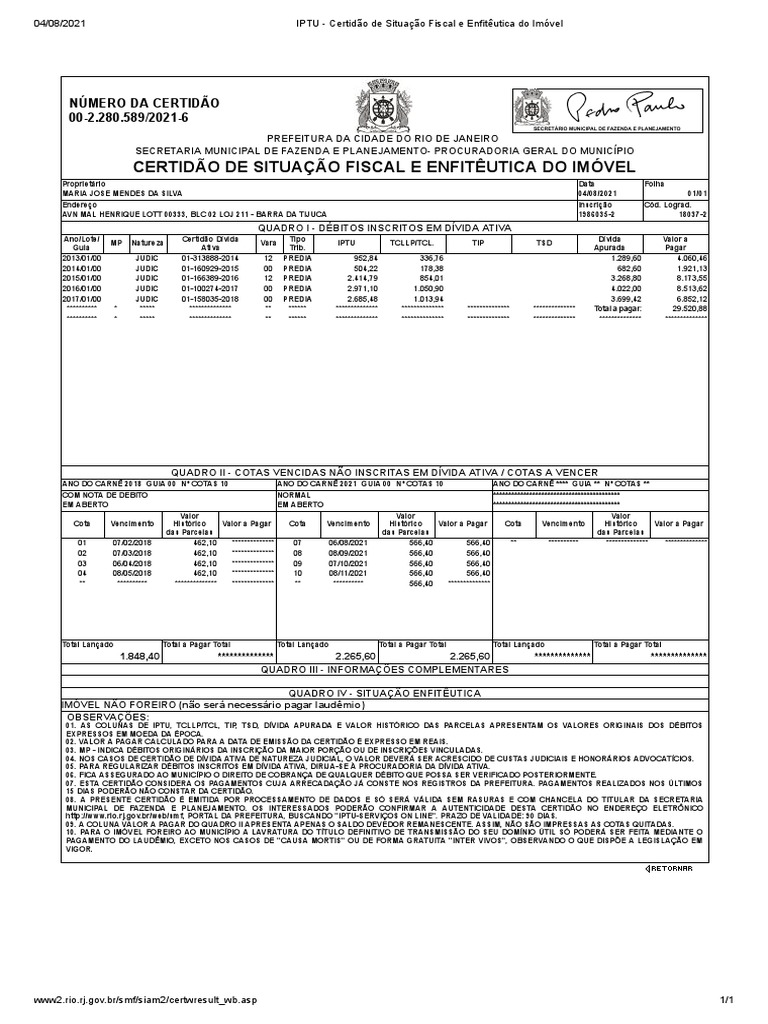 IPTU - Certidão de Situação Fiscal e Enfitêutica Do Imóvel - 211 - BL ...