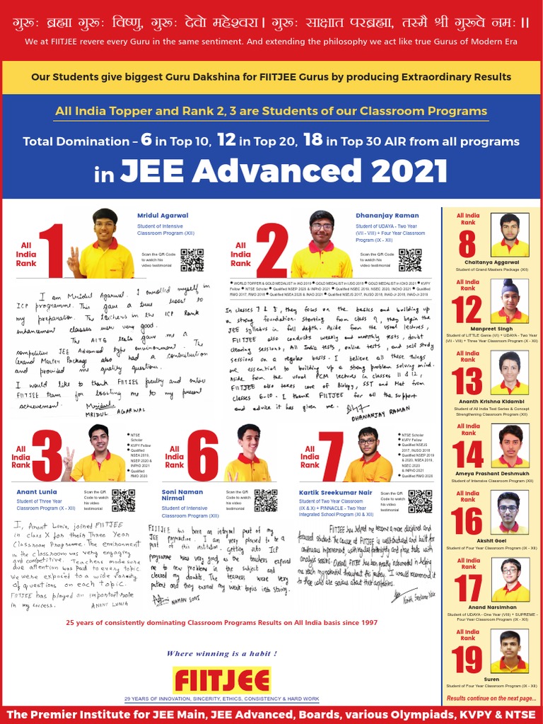 FIITJEE JEE Advanced 2021 Top Results | PDF | Delhi | Schools