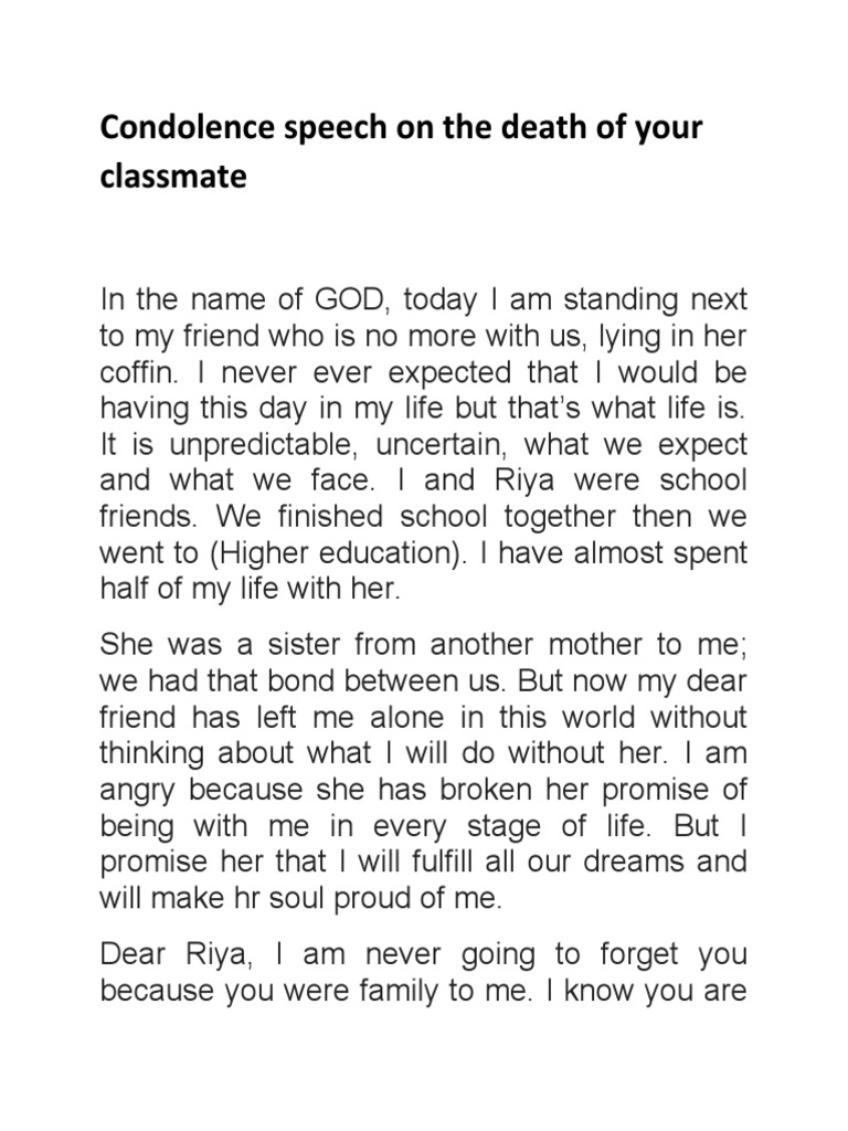 Condolence Speech PDF