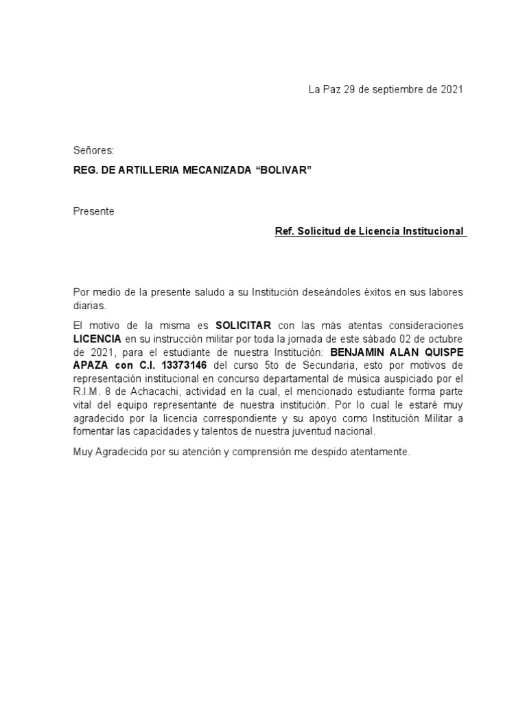 Carta de solicitud de licencia pdf