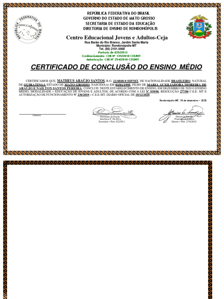 Certificado de Conclusão do Ensino Médio | PDF