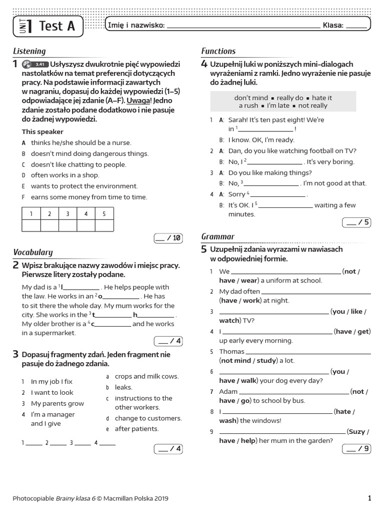 Test Z Angielskiego Klasa 6 Unit 2 Brainy