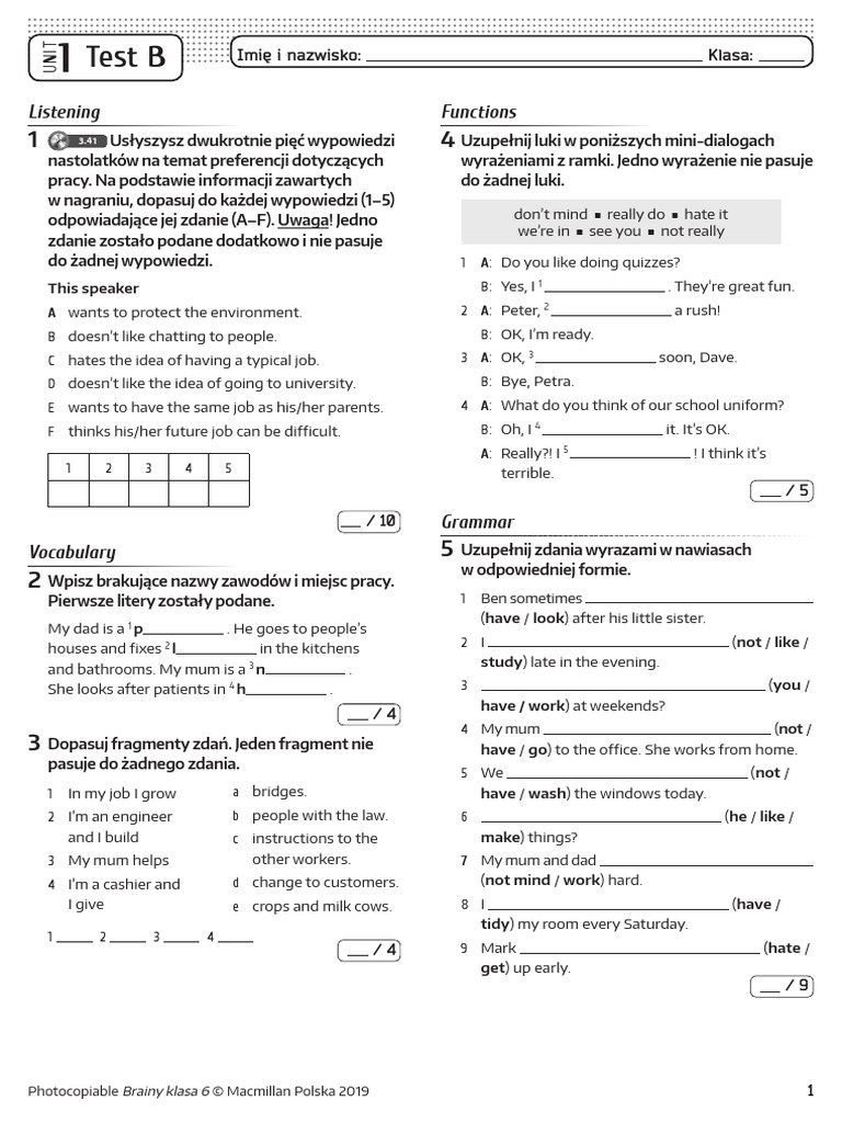 Brainy kl6 Unit Test 1 B | PDF