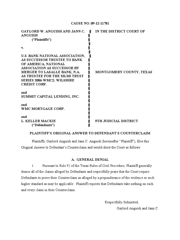 General Denial in Texas Counterclaim | PDF