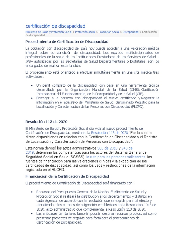 Certificación de Discapacidad en Colombia | PDF | Invalidez | Ciencias ...