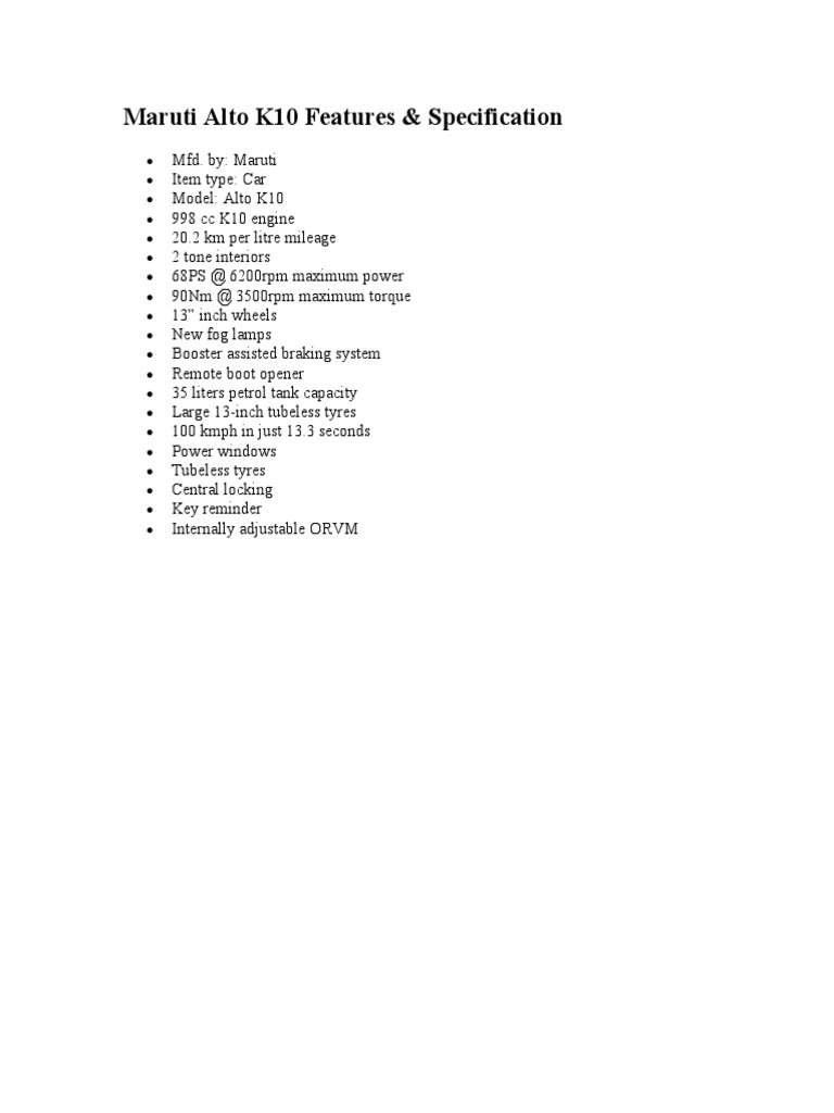 Maruti Alto K10 Features & Specification | PDF | Technology & Engineering