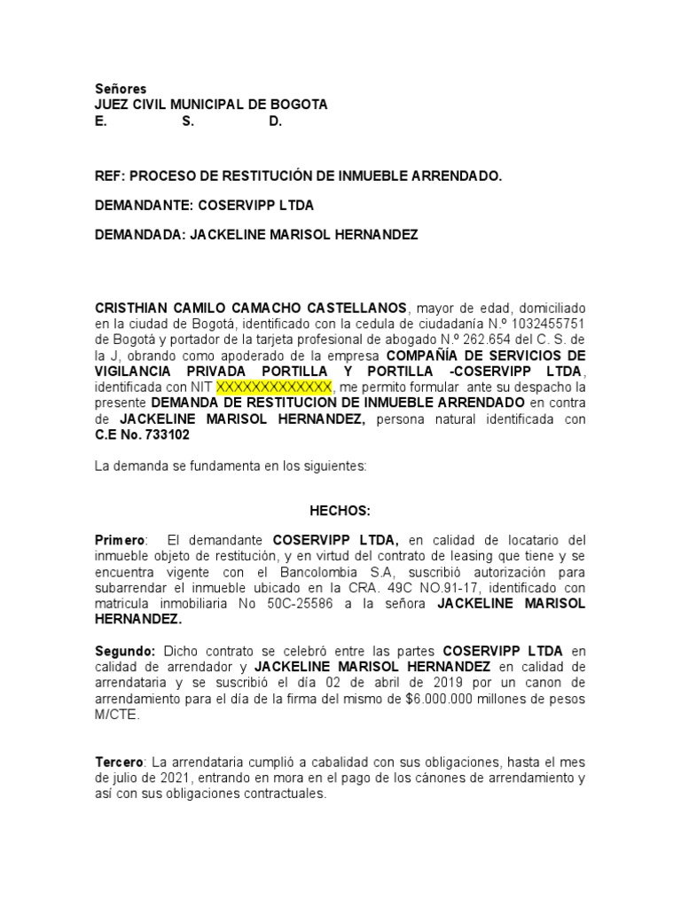 Demanda de Restitución de Inmueble Arrendado | PDF | Demanda judicial ...