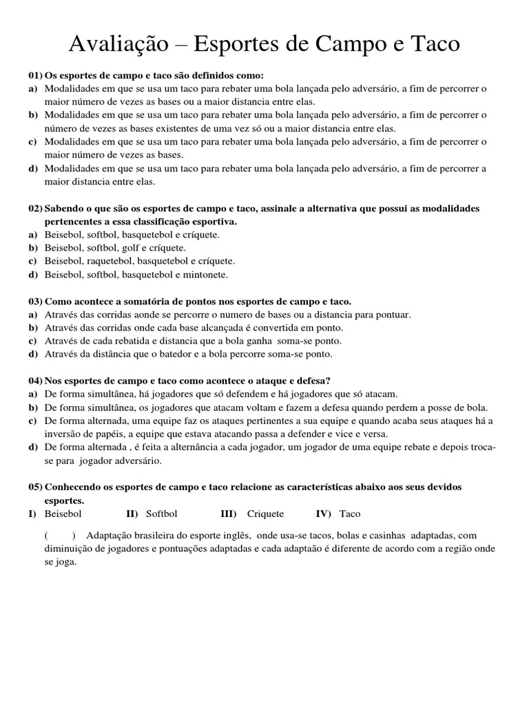 Esportes de Campo e Taco: Definições e Exemplos | PDF | Críquete | Softbol