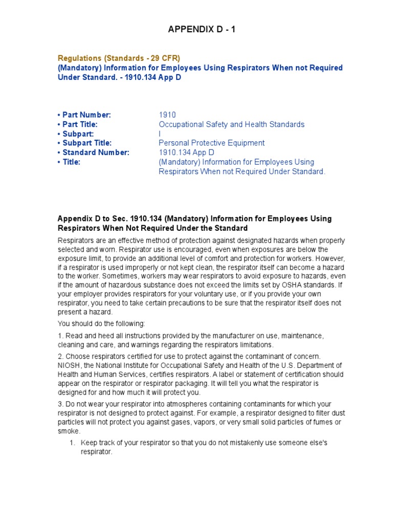 Respirator Voluntary Use Appendix D PDF Particulates Health Sciences