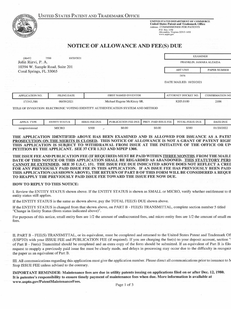 USPTO Patent Application NO. 17-343,586 Inventor: Michael E. McKinzy ...