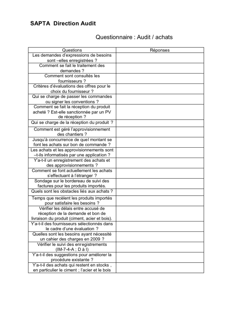 Questionnaire Audit Achats