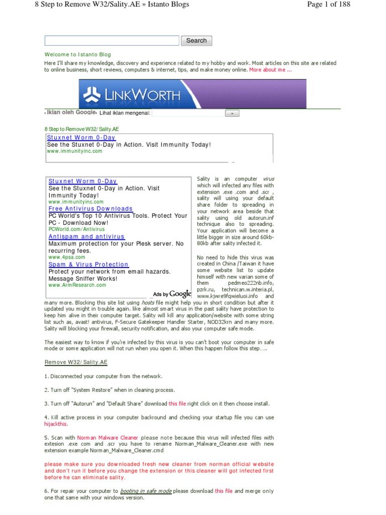 8 Step To Remove W32salityae | PDF | Computer Virus | Antivirus.