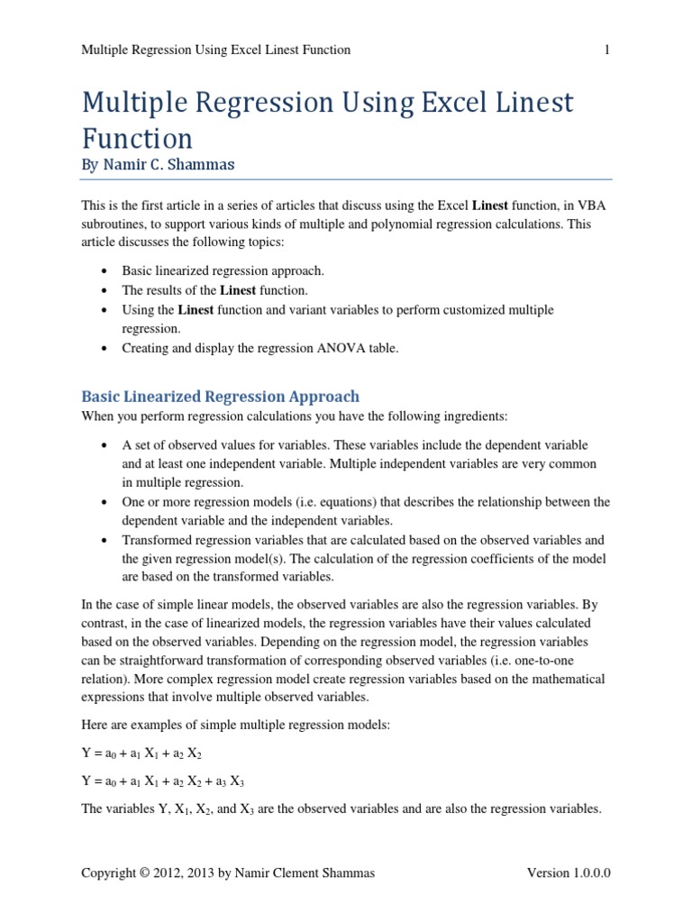 Multiple Regression Using Excel Linest Function: by Namir C. Shammas ...