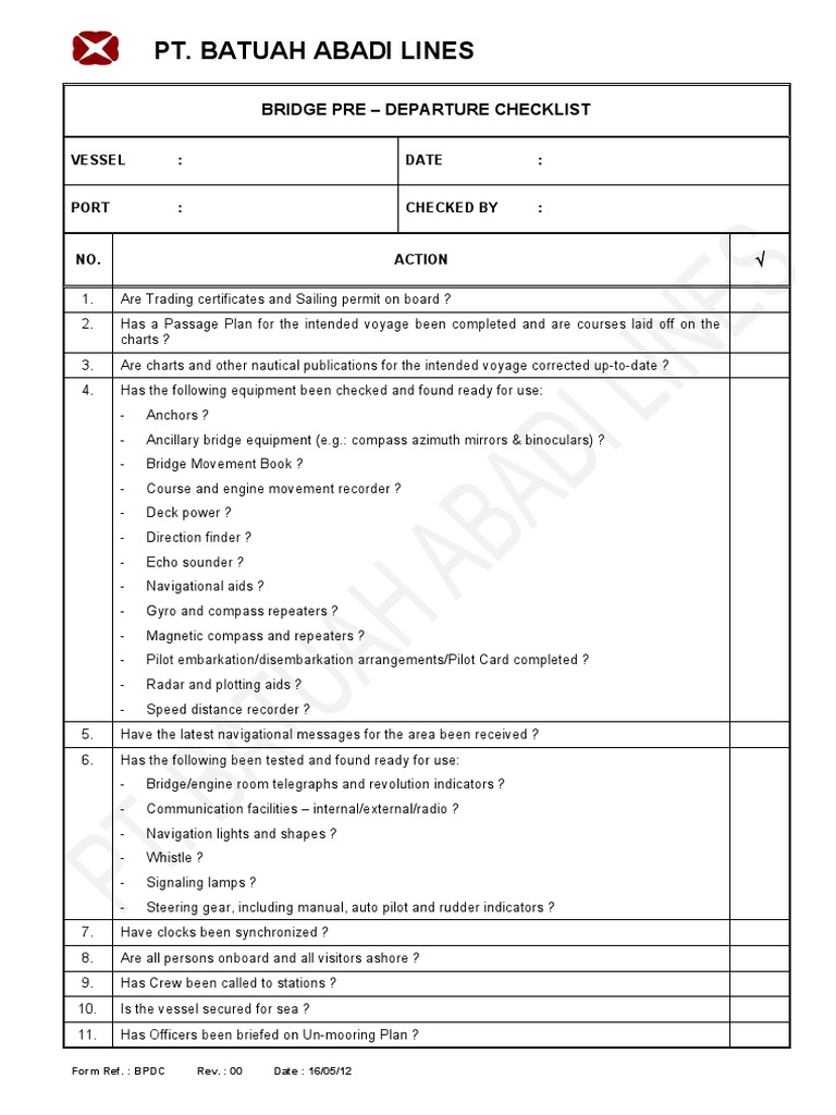 Ensuring Safe Departure: A Pre-Departure Checklist for PT. Batuah Abadi ...