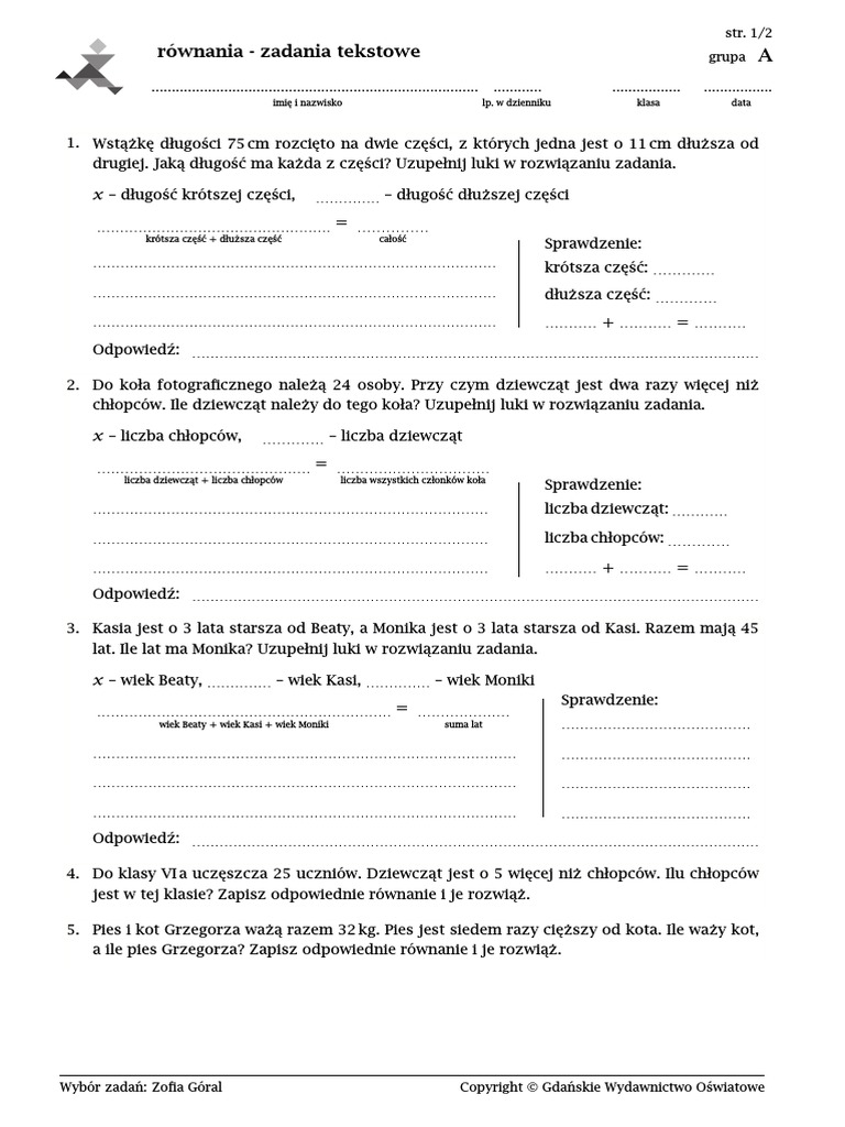 Równania Zadania Tekstowe Klasa 8 Pdf
