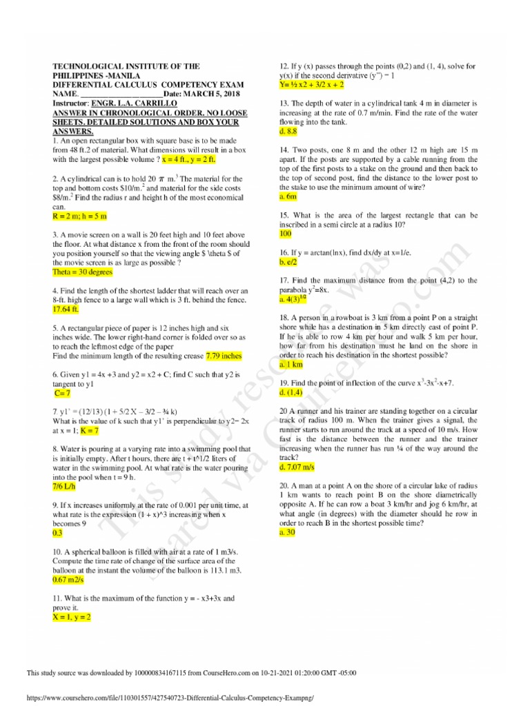 Differential Calculus Competency Exam - PNG | PDF