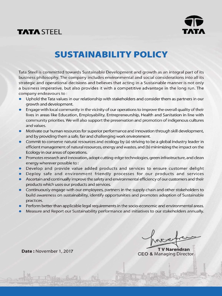 Sustainability Policy Tata Steel | PDF