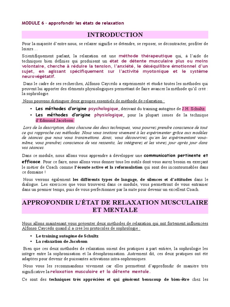 Approfondir le Training Autogène de Schultz | PDF | Méditation | Hypnose