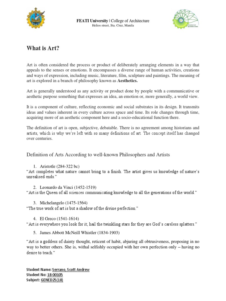 What Is Art? Definition of Arts According To WellKnown Philosophers and Artists PDF