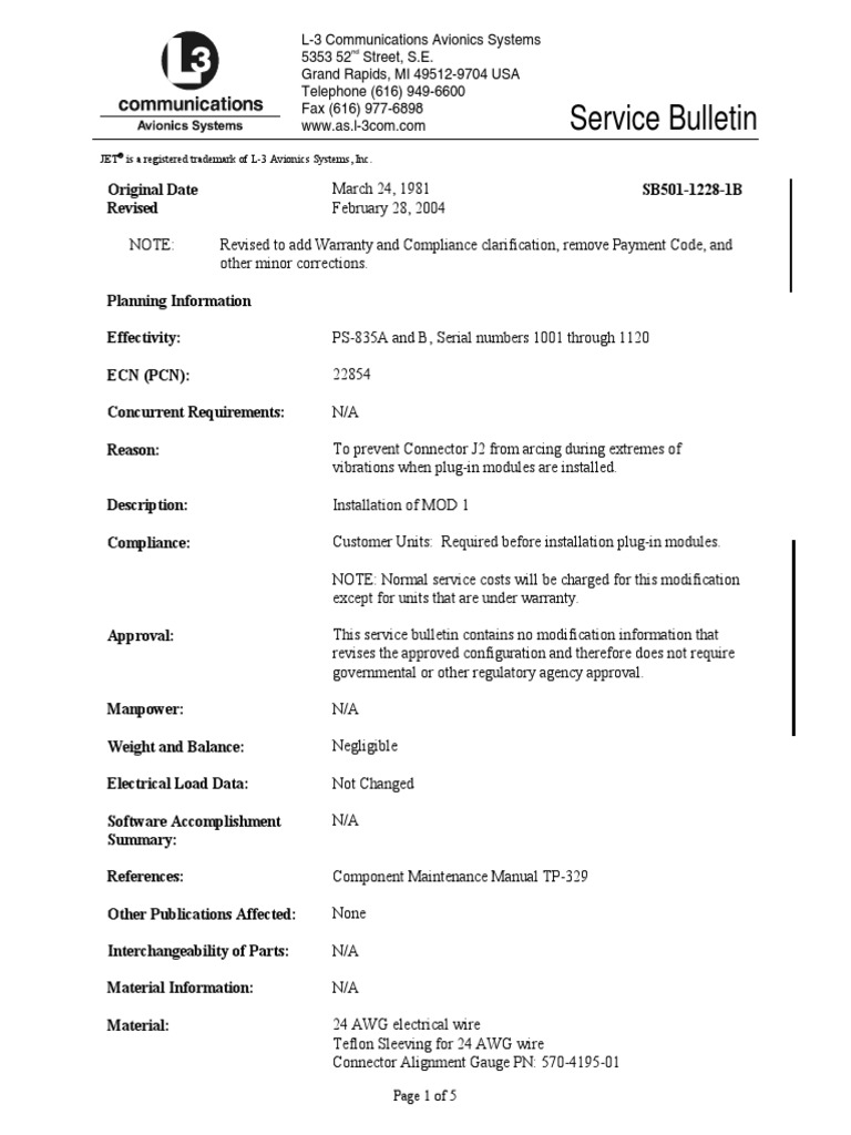 Service Bulletin JET Is A Registered Trademark of L3 Avionics Systems, Inc PDF
