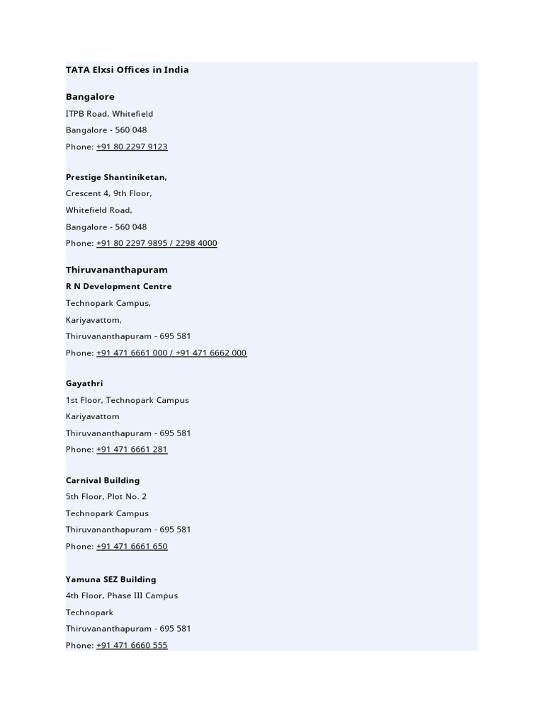 Tata Elxsi Office Locations in India | PDF | Business