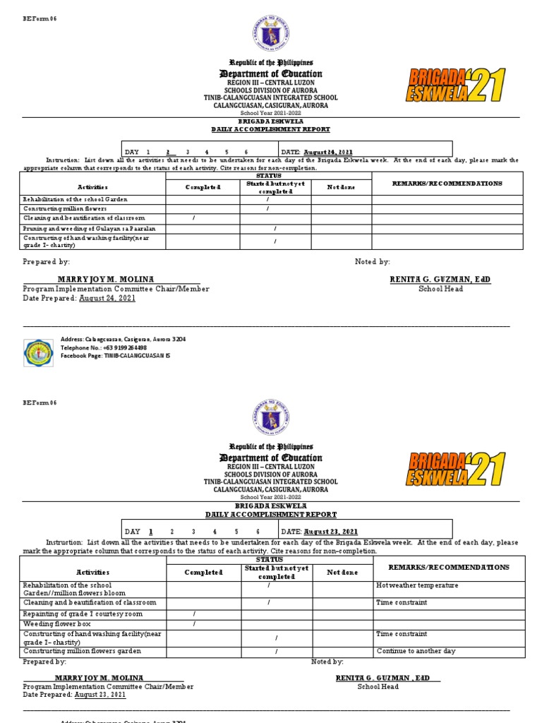 Be Form 6-Daily Accomplishment Report | PDF