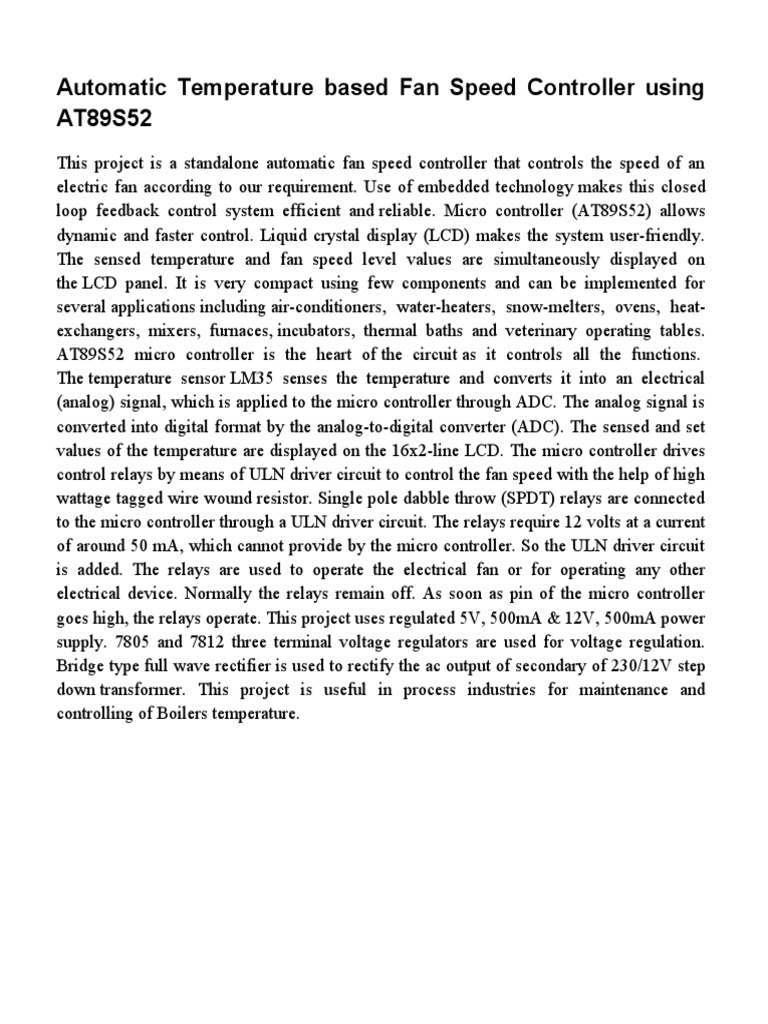 Automatic Temperature Based Fan Speed Controller Using AT89S52 | PDF