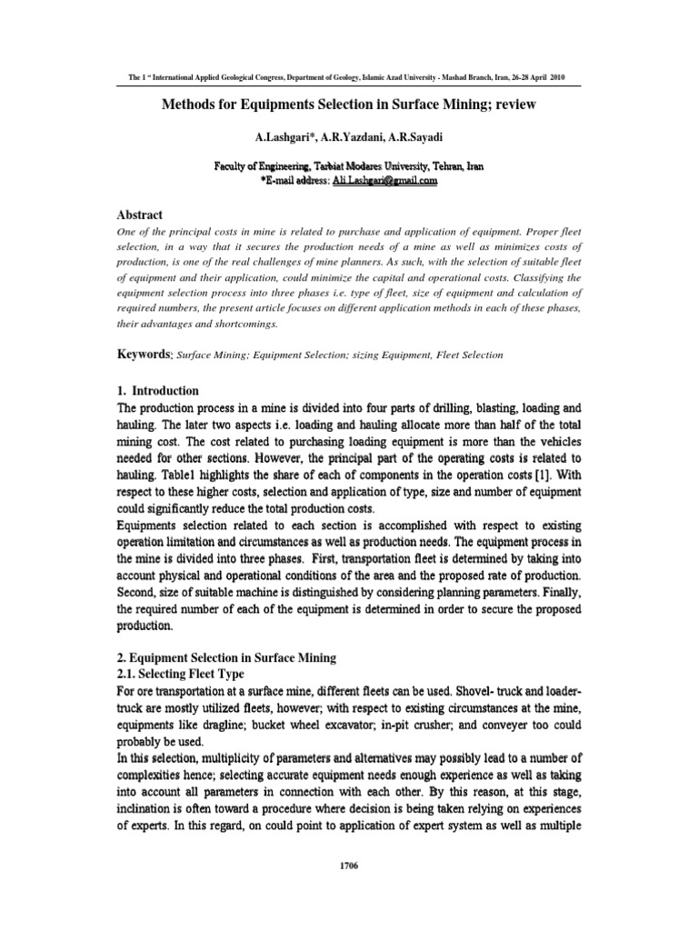 Equipment Selection Methods in Surface Mining | PDF | Mathematical ...