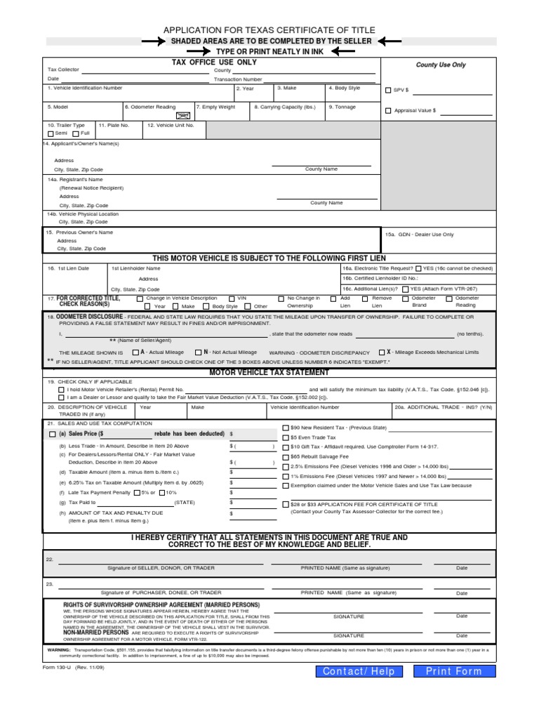 texas certificate of title application form 130 u