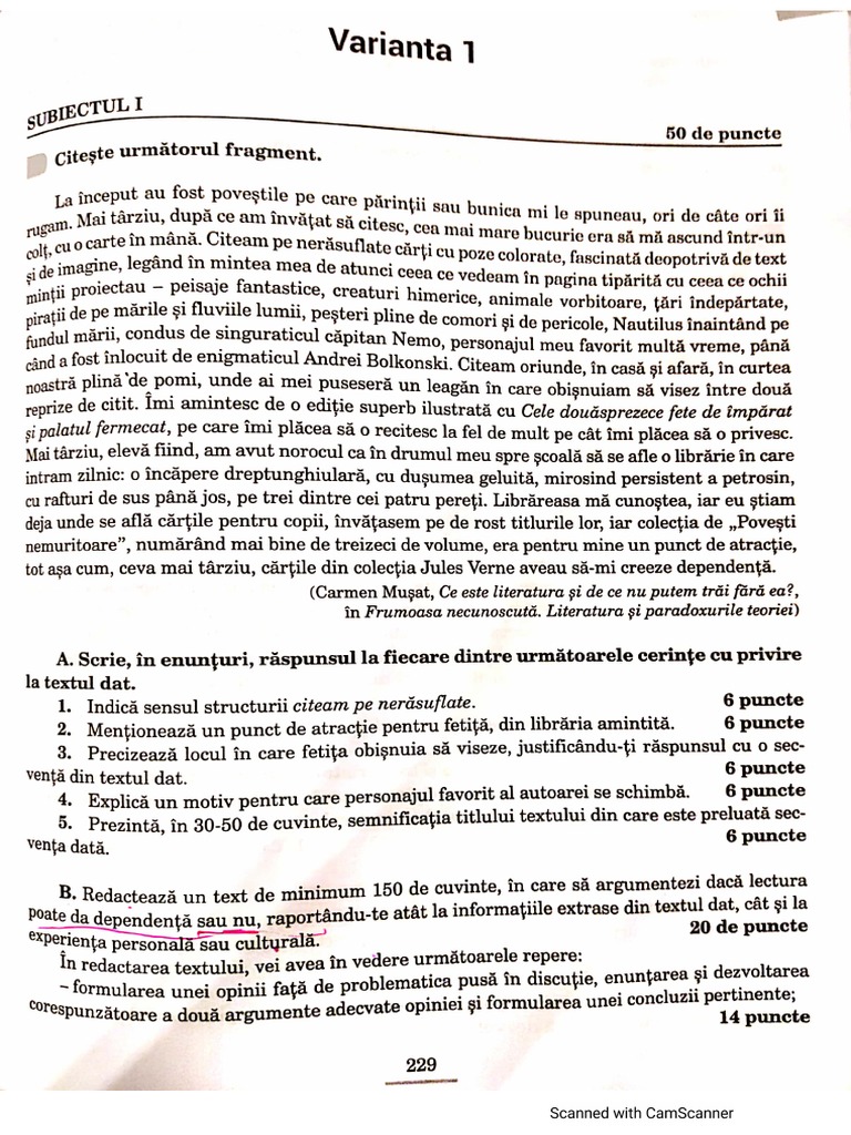 Varianta 1 Bac | PDF