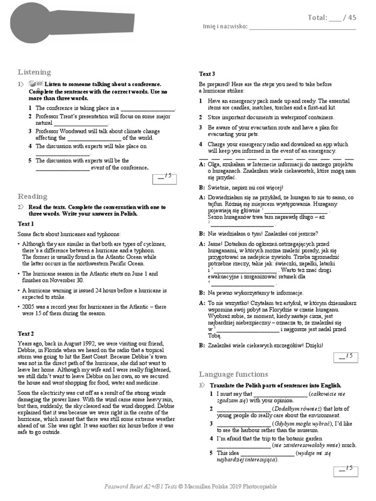 Password Reset A2+ B1 Sprawdziany