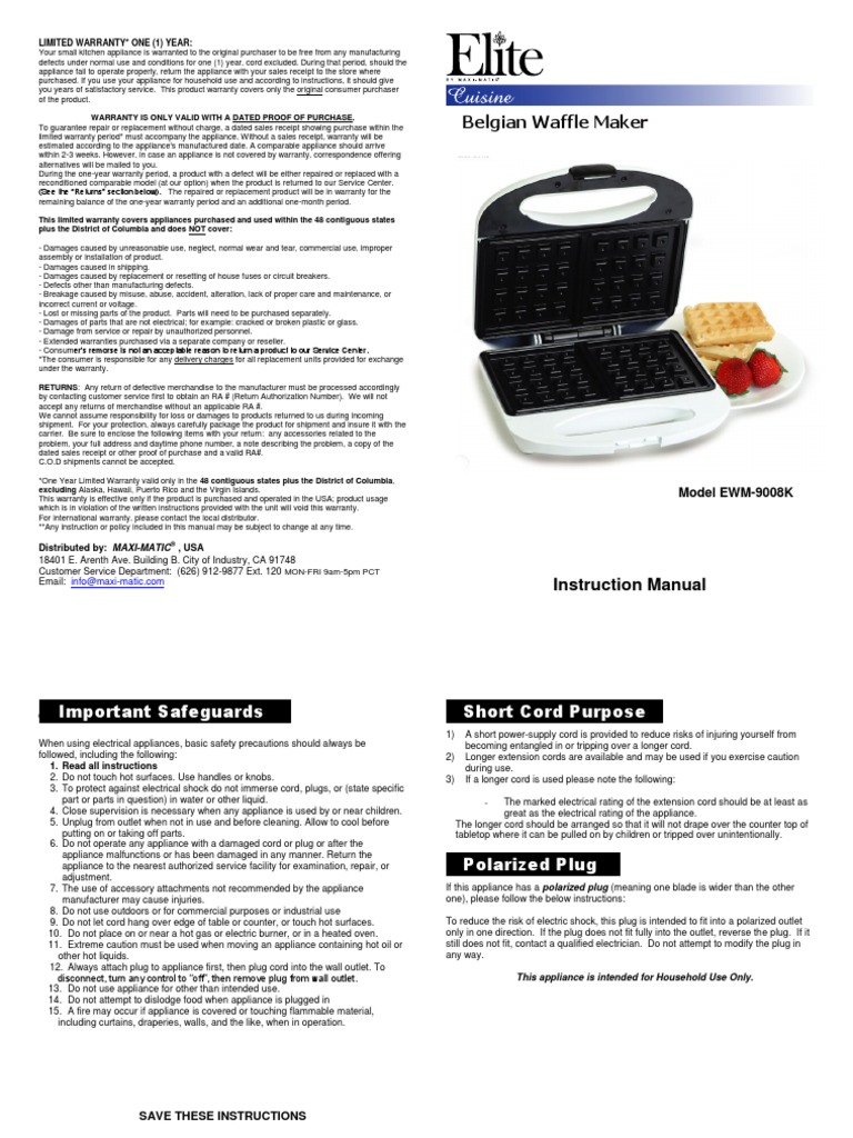 Belgian Waffle Maker Limited Warranty One (1) Year PDF Waffle Batter (Cooking)