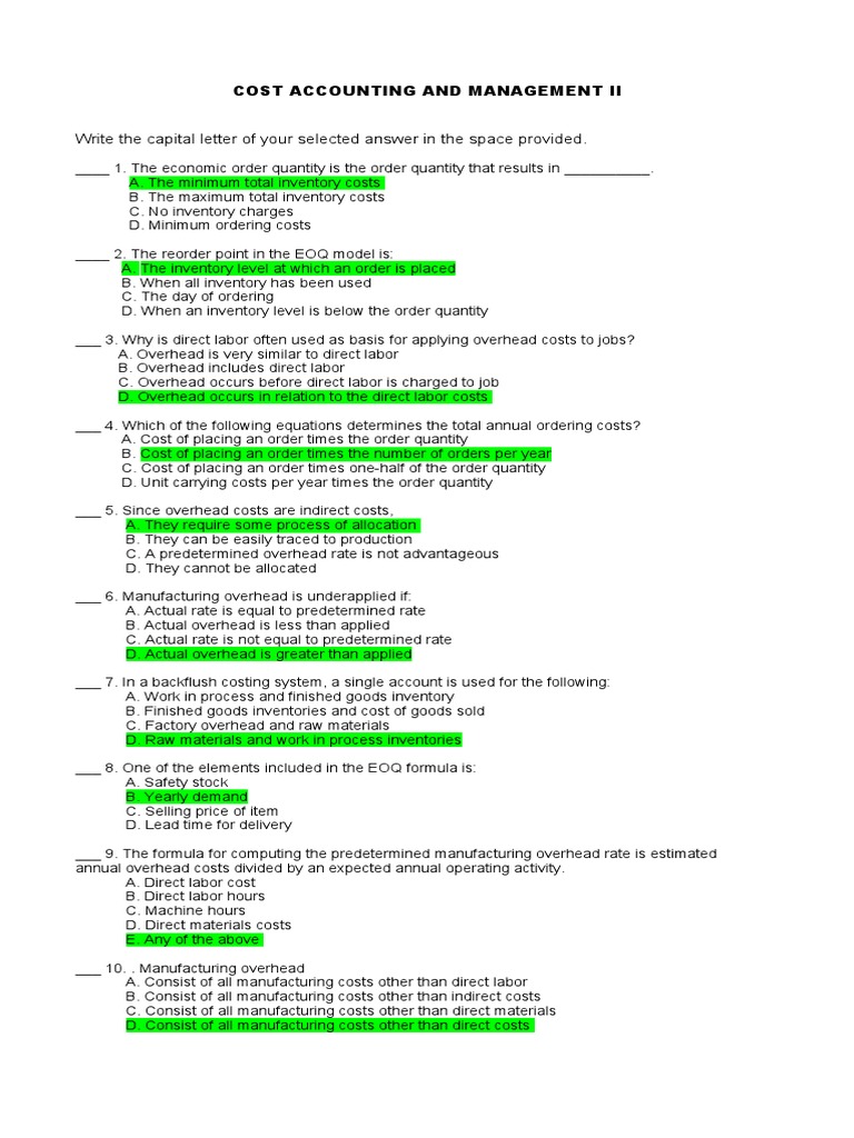 Cost Acc. Quiz PDF Inventory Cost