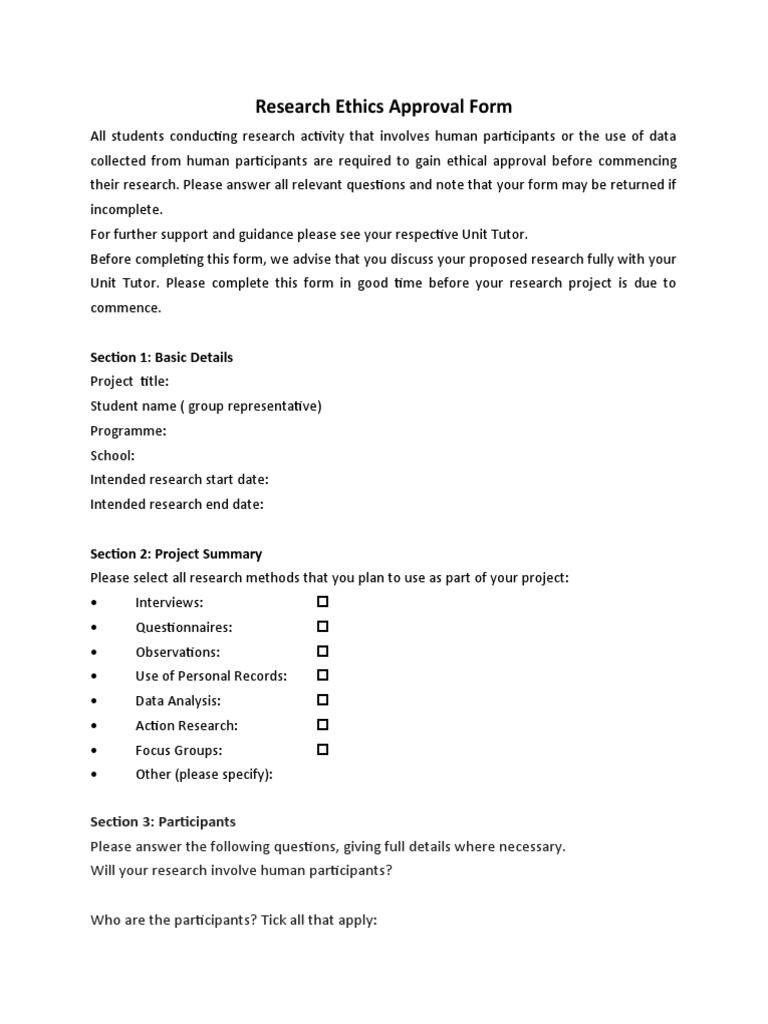 Research Ethics Approval Form PDF Consent Applied Ethics