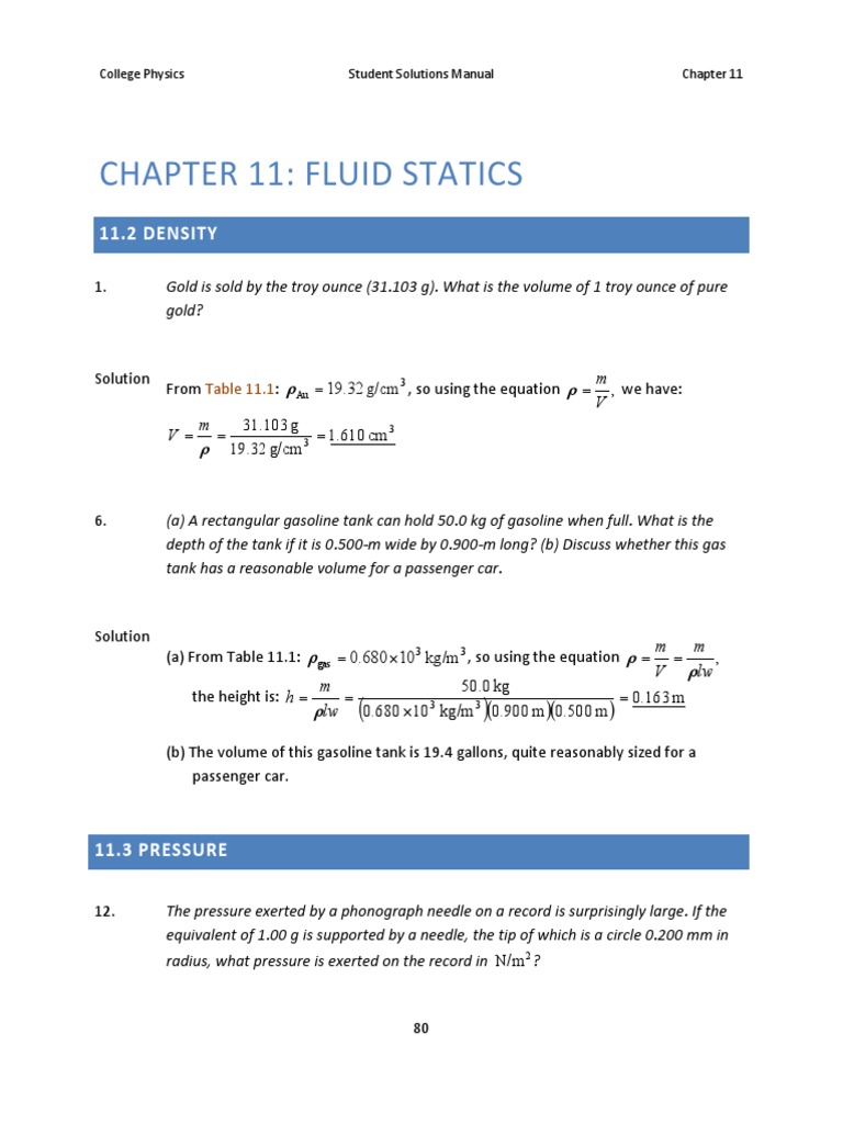 Fluid Statics Solutions Manual | PDF | Density | Pressure