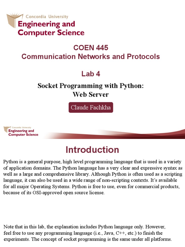 COEN 445 Communication Networks and Protocols Lab 4: Socket Programming ...