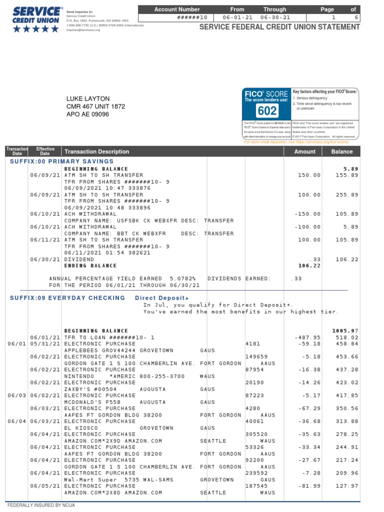 Luke Layton CMR 467 UNIT 1872 APO AE 09096: Service Federal Credit Union  Statement | PDF | National Credit Union Administration | Financial Services