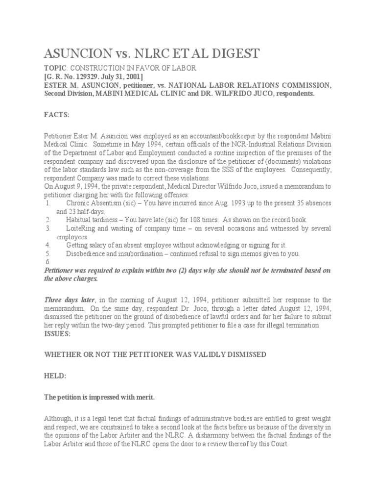 Asuncion vs nlrc case digest pdf employment burden of proof law 